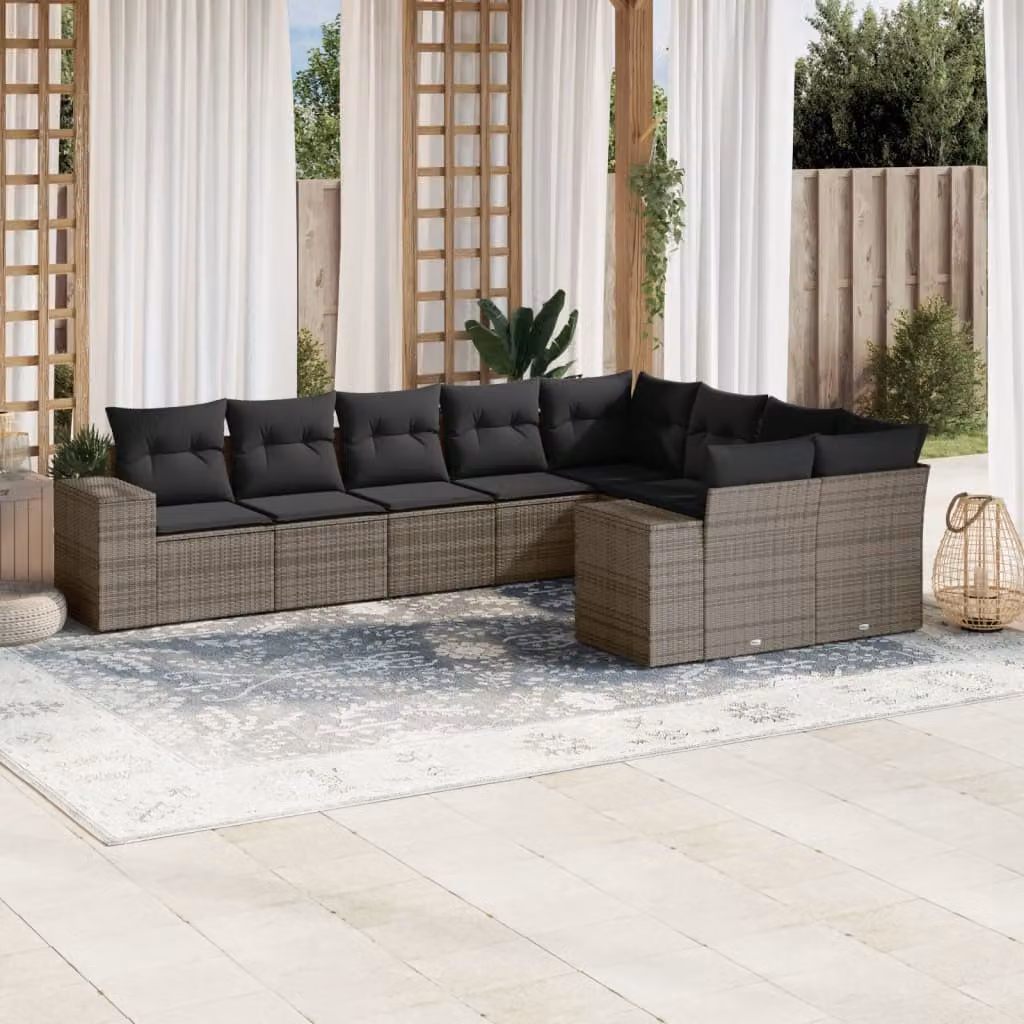 vidaXL Set Divano da Giardino a L 9 pz con Cuscini Grigio in Polyrattan e Struttura in Metallo – 1