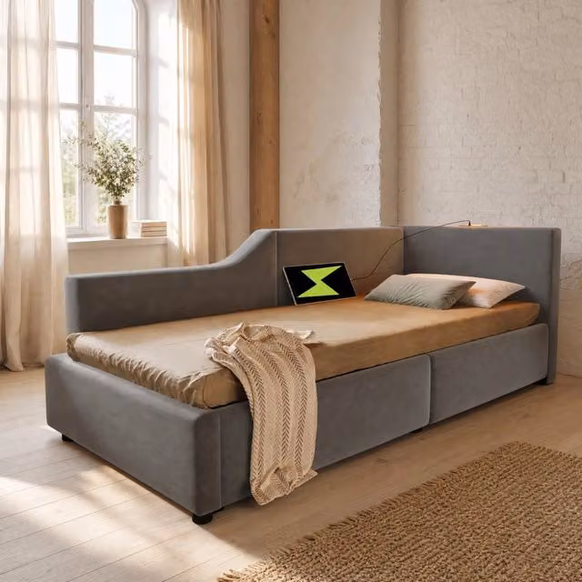 Daybed 90x190 cm in velluto grigio con vano contenitore, luce e USB-C