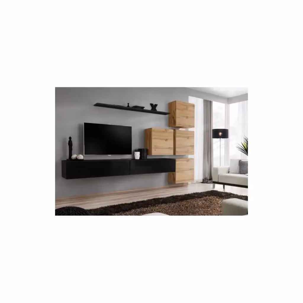 Composizione murale sospesa SWITCH IX Meublorama per mobile TV in nero lucido e quercia Wotan – 2