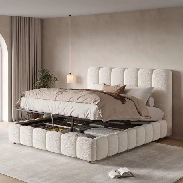 Letto matrimoniale 140 × 190 cm contenitore idraulico con rete a doghe testiera imbottita bouclé bianco