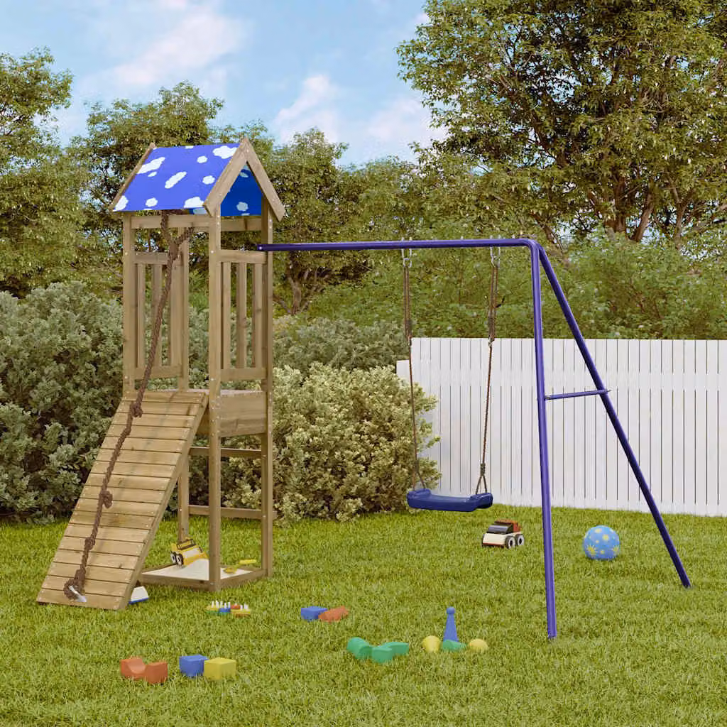 vidaXL Set da Gioco da Esterno in Legno di Pino con Sabbiera e Altalena, Colore Blu e Marrone – 1