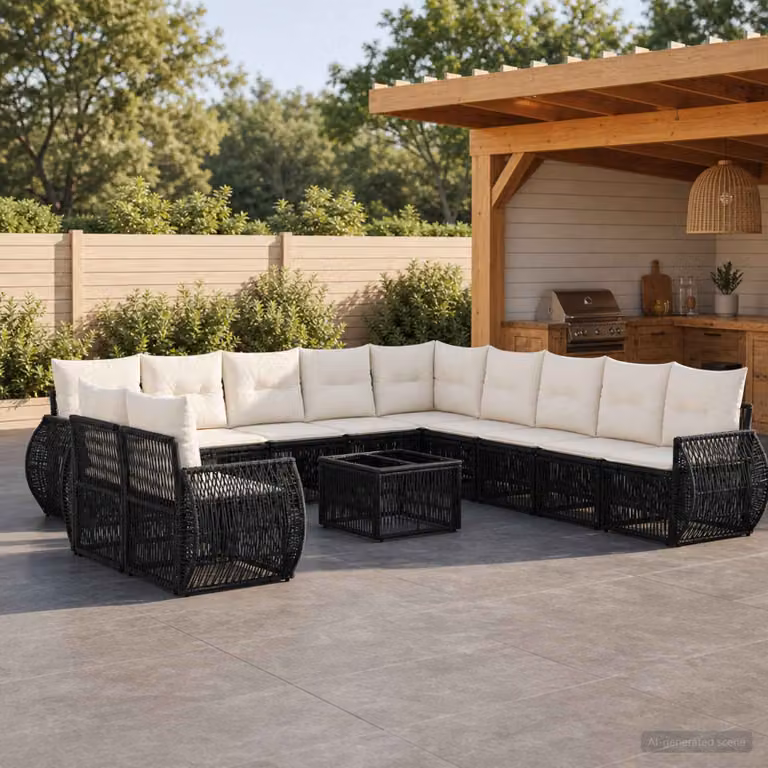 Set Divano da Giardino vidaXL 12 pz a Forma a L con Tavolino, Colore Nero e Bianco Crema, in Polyrattan e Metallo con Cuscini Inclusi