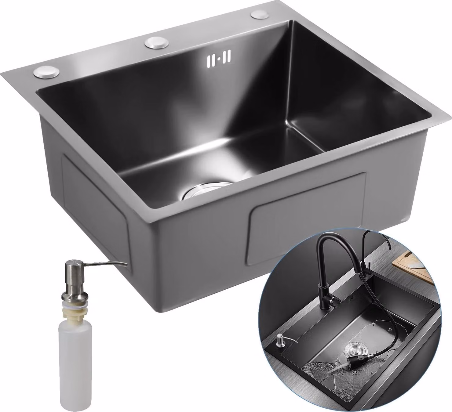 Lavello da cucina, struttura in acciaio inox, design moderno, nero