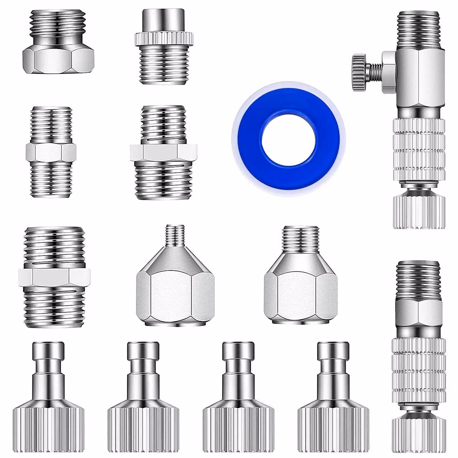 Set di adattatori per aerografo, composto da 14 pezzi di diverse dimensioni, compatibile con compressori