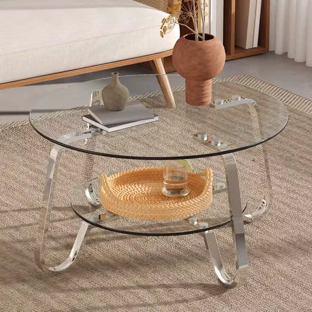Tavolino basso fisso rotondo a due livelli con vetro temperato e struttura in metallo argento 90.5 × 89.0 × 10.5 cm