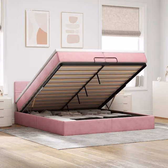 Letto con contenitore a sollevamento vidaXL in velluto rosa e bianco con illuminazione sottostante e porta USB L: 200 cm, P: 200 cm, H: 280 cm