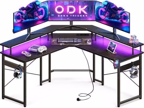 Ibenzoa® Scrivania da gaming nera – LED RGB (10 colori e modalità), 2 prese di corrente + 2 porte USB, supporto monitor rialzato, struttura stabile, montaggio semplice