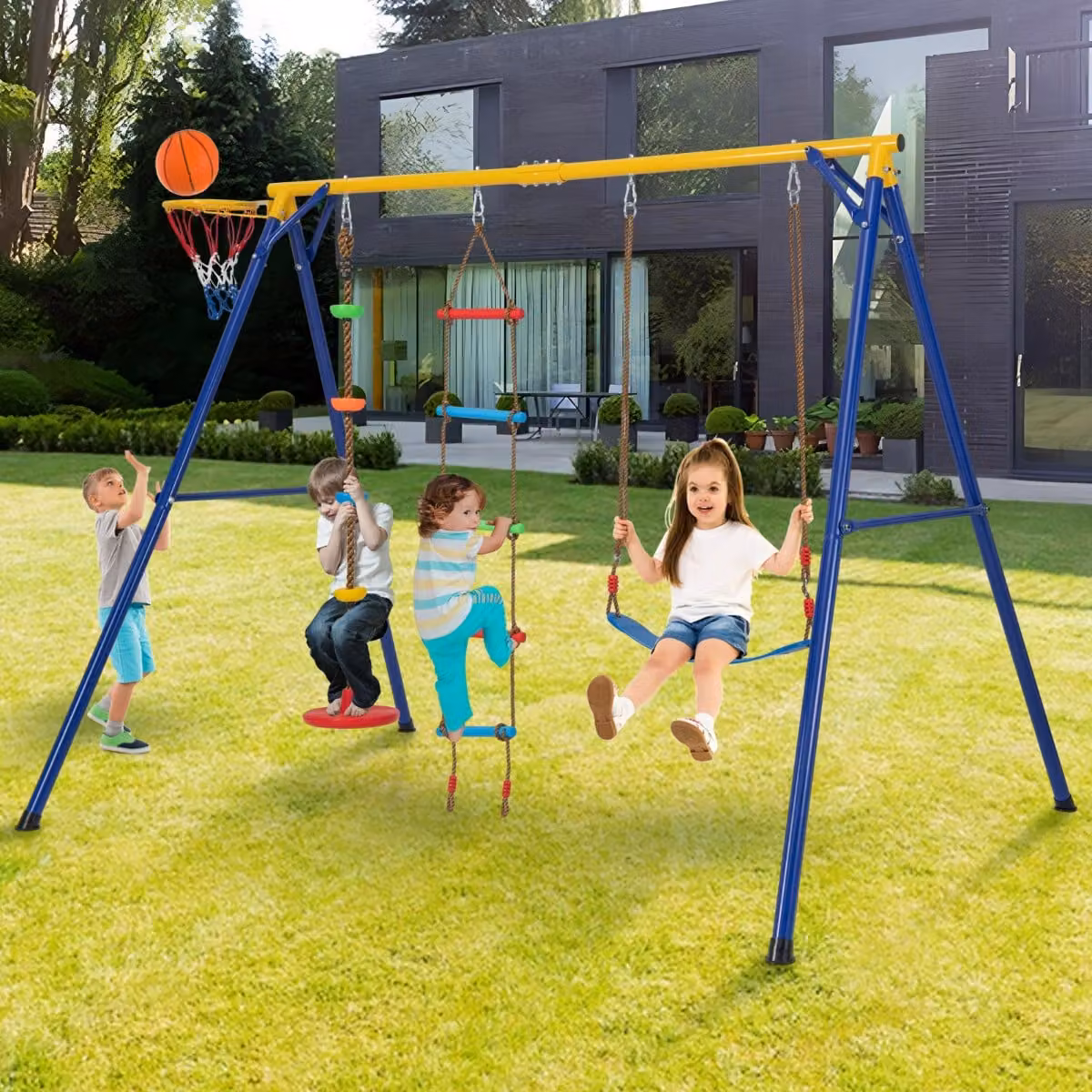 Set altalena per bambini Costway con canestro da basket e disco regolabile, portata 300kg, Giallo