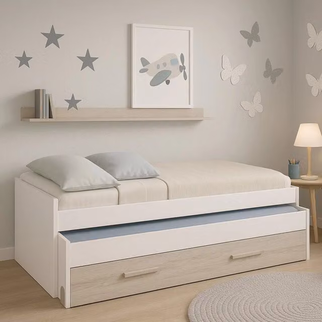 Letto singolo Art DMORA per cameretta con lettino estraibile, cassettone e mensola, Bianco, L: 199 cm, P: 90 cm, H: 65 cm, H: 96 cm