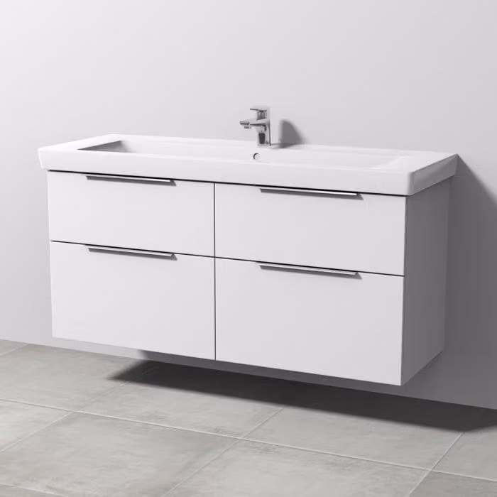 Mobile sottolavello Sanipa a 3 cassetti, compatibile con il lavabo in Vetroceramica Subway 2.0 da 130 cm, dotato di 4 cassetti con maniglie a incasso