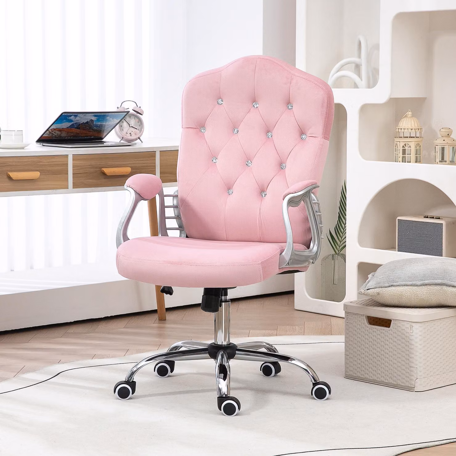 sedia da ufficio girevole okwish sedia da lavoro sedia da computer con funzione dondolo e rotelle, sedia girevole executive sedia da scrivania con manopola di tensione regolabile, rosa