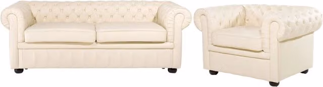 Set soggiorno Beliani in stile Chesterfield con divano a 3 posti e poltrona in pelle beige con gambe in legno