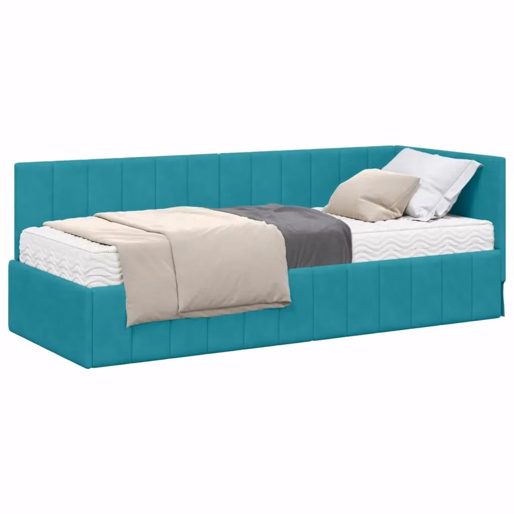 vidaXL Struttura Letto Angolare in Velluto Turchese con 2 Materassi in Schiuma L/P/H: 204 x 140 x 80 cm – 2