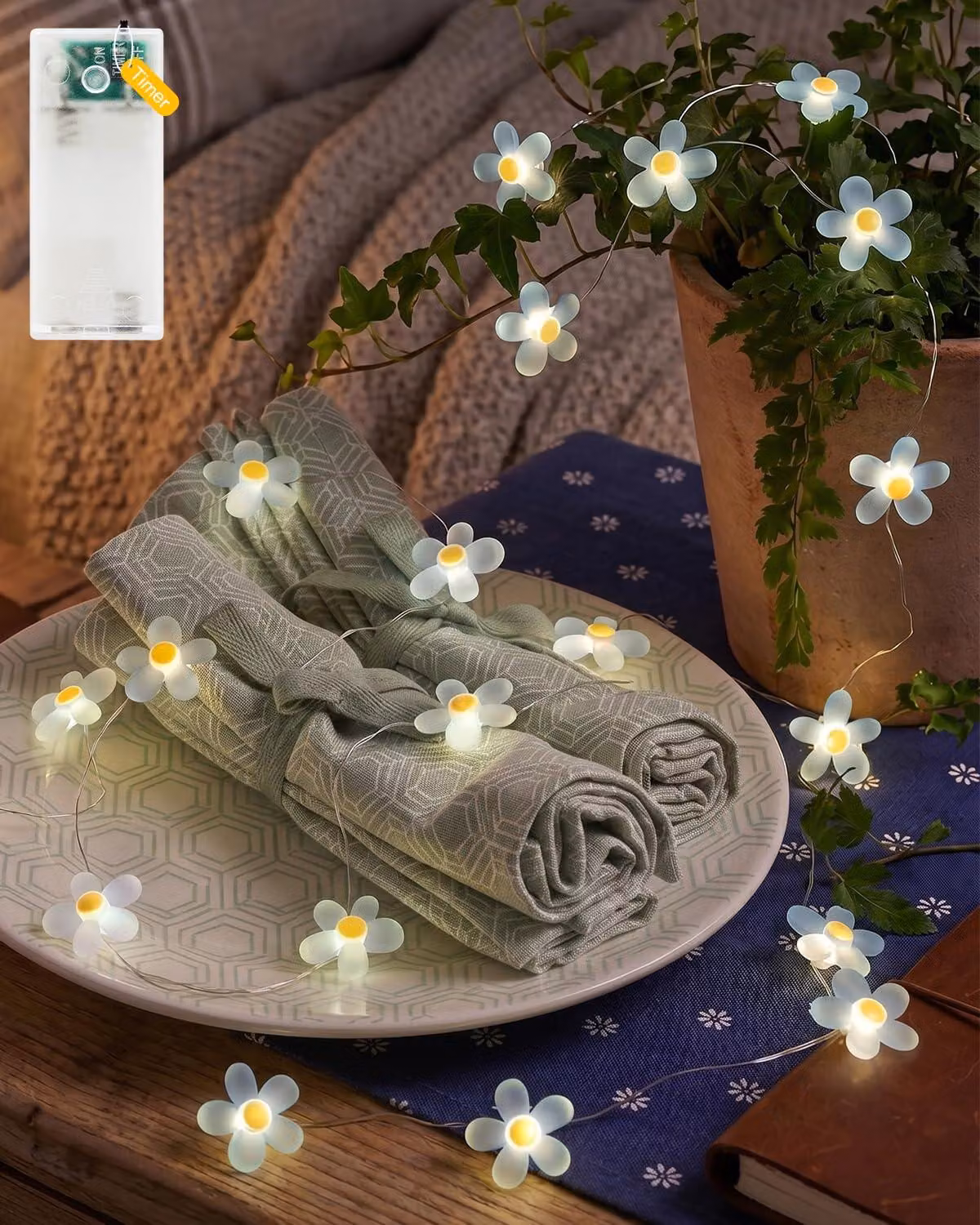 Catena luminosa a LED a forma di fiori, 20 LED, 2 metri, luce bianco caldo, con timer
