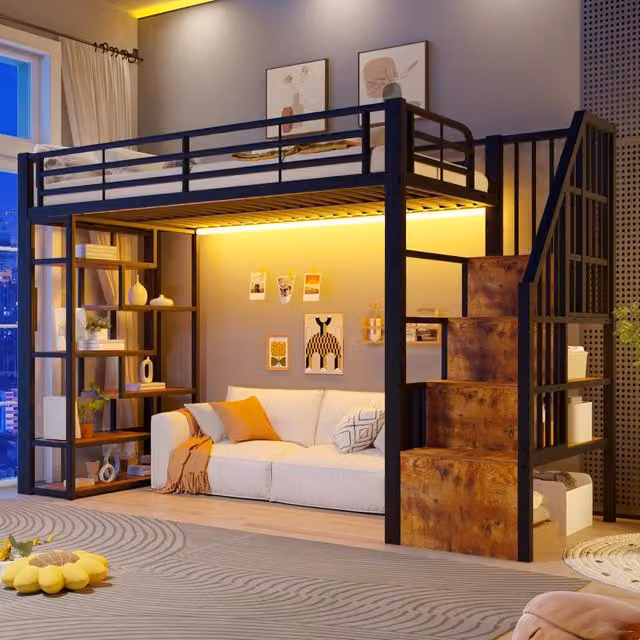 Letto a soppalco 90x200 cm con spazio libero sottostante; LED; ripiano; gradini integrati e parapetto; metallo nero