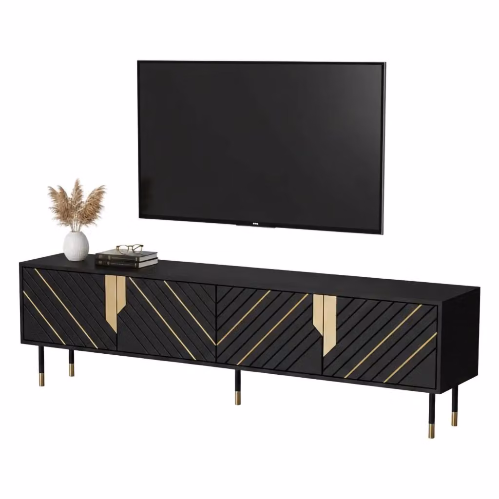 Mobile porta TV DMORA Seborga moderno in MDF nero e oro con 4 ripiani L: 204 cm, P: 40 cm, H: 55 cm – 2
