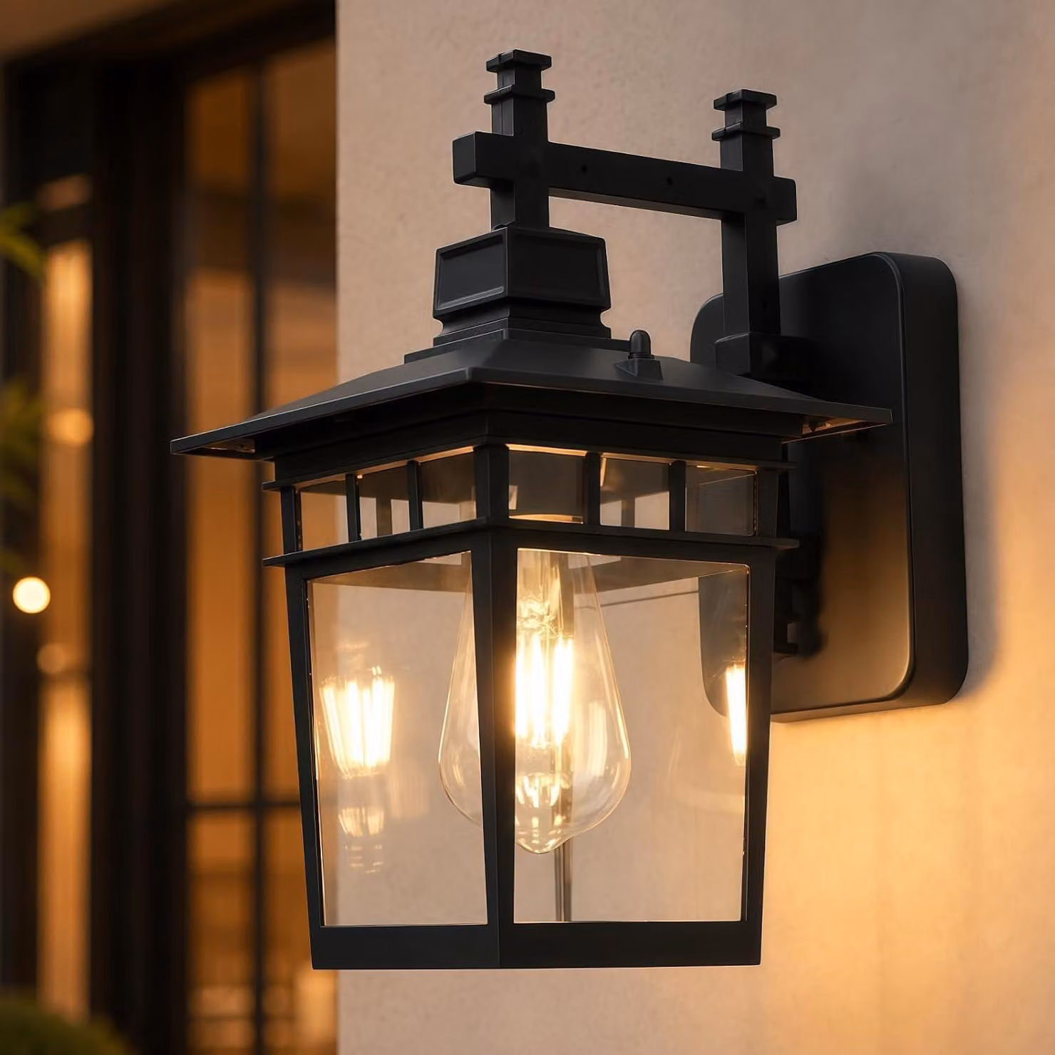 Lampada da parete esterna vintage, colore nero, grado di protezione IP44, vetro trasparente, attacco E27, larghezza 42 cm