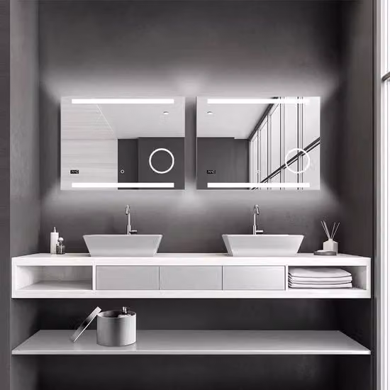 Specchio LED con Illuminazione - 2 Pezzi - Specchio Bagno con Luce Bianca Neutrale - Orologio Digitale - Specchio Trucco - 3 Rapporto di Ingrandimento - Interruttore a Tocco