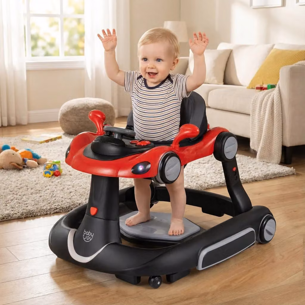 Camminatore 6-in-1 per bambini con tenda, dondolo, altalena e funzioni sensoriali con musica e luci, design a macchinina regolabile per 7-18 mesi, Rosso – 2