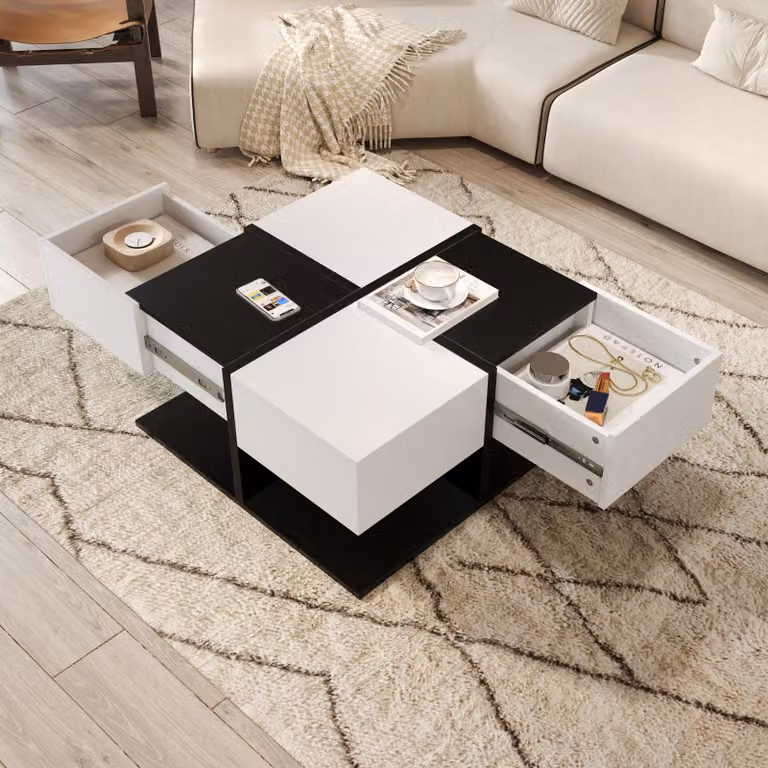 okwish Tavolino da salotto lucido con blocchi di colore, tavolino quadrato con 2 cassetti e guide delicate, nero + bianco