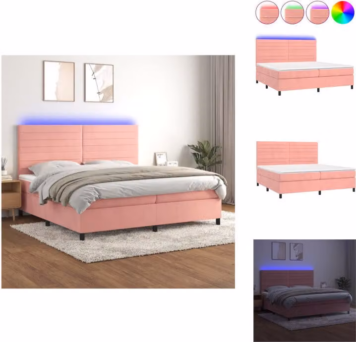 vidaXL Letto a molle con materasso e LED in velluto rosa 200x200 cm - Letti e strutture letto