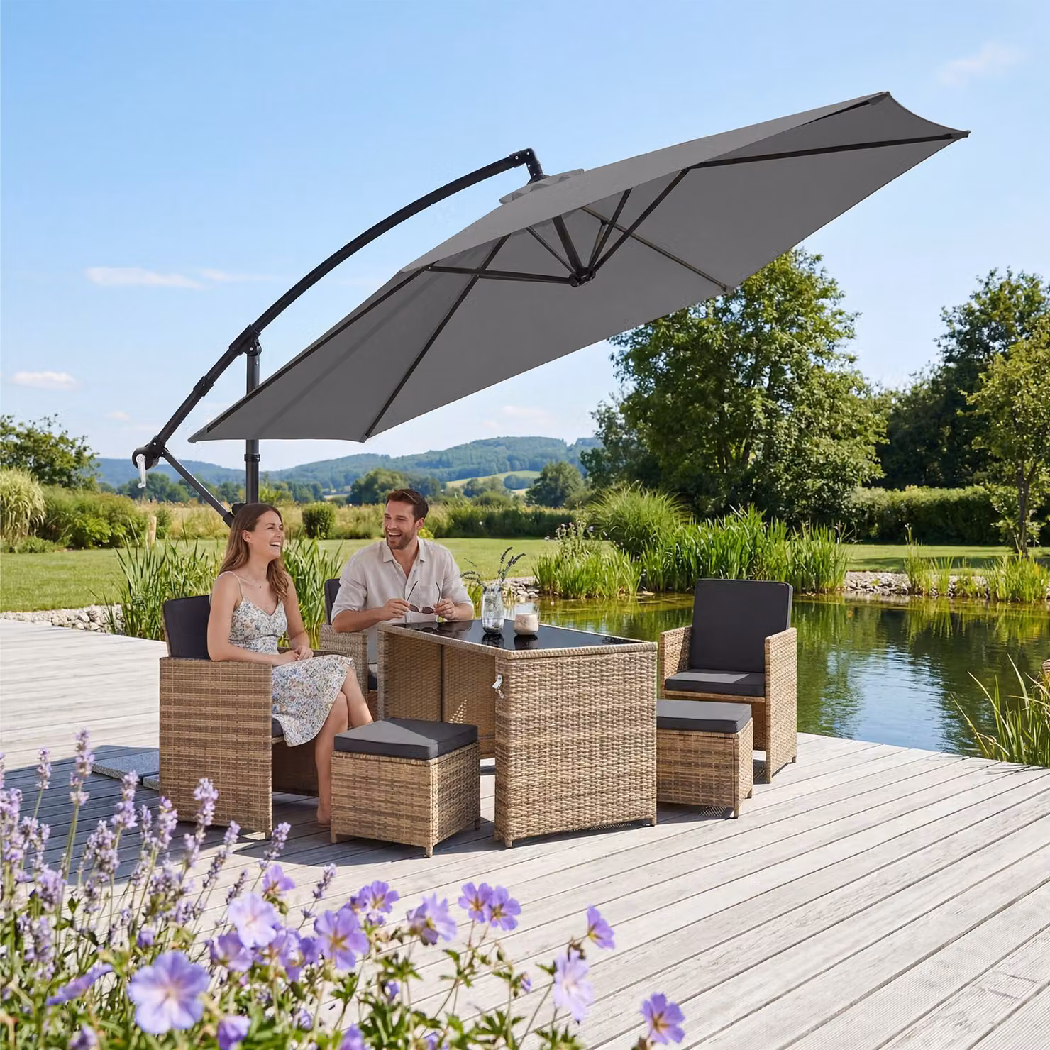 Ombrellone a braccio Artemis tectake, ruotabile a 360° e inclinabile, grigio, L/P: 3 x 3 m – 3