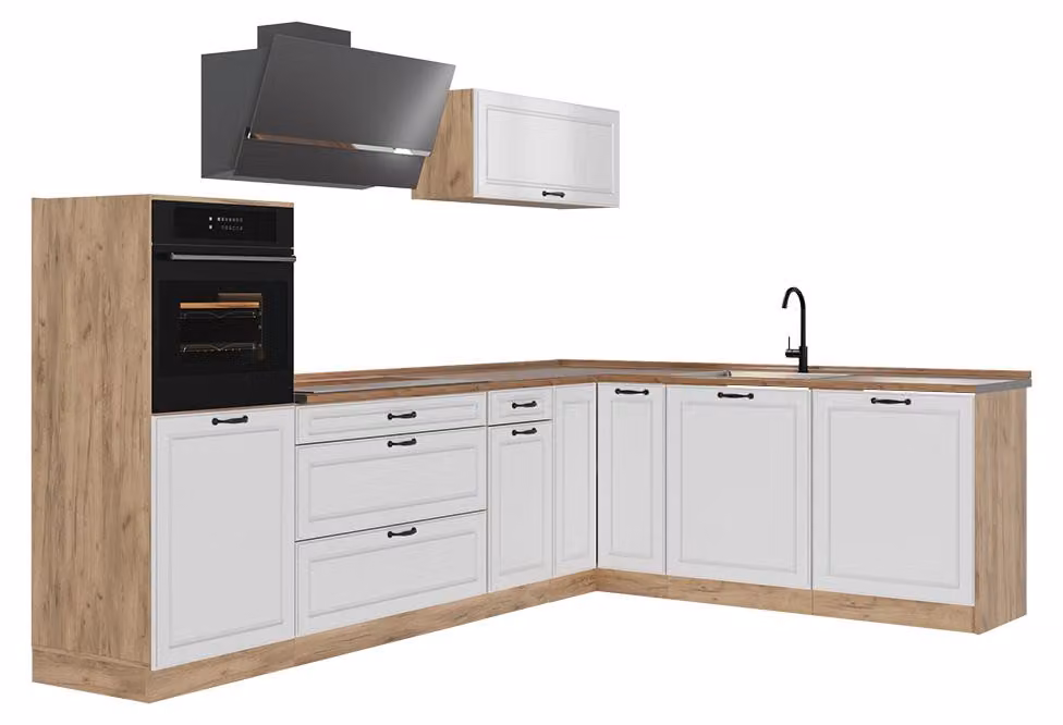 Cucina angolare completa Vicco R-Line Bianco country/Rovere dorato 287 x cm piano di lavoro Rovere dorato, Model 68155