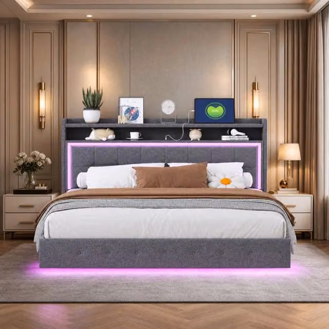 Letto imbottito Mivray in tessuto di lino grigio con porta USB, luci LED e rete a doghe, L/P: 160 x 200 cm