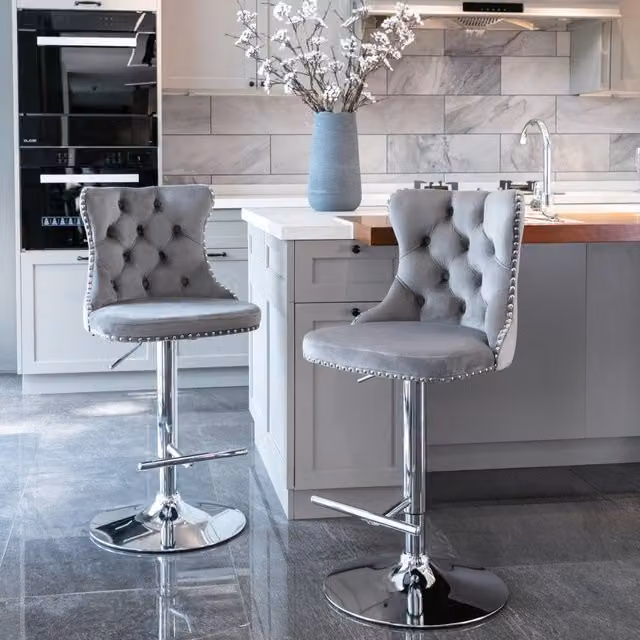 Set di 2 Sgabelli da Bar MINIMAL Girevoli in Velluto Grigio con Altezza Regolabile