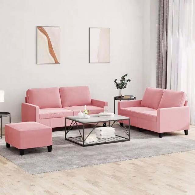 Set di 3 divani vidaXL in velluto rosa con cuscini per soggiorno in stile moderno – 1