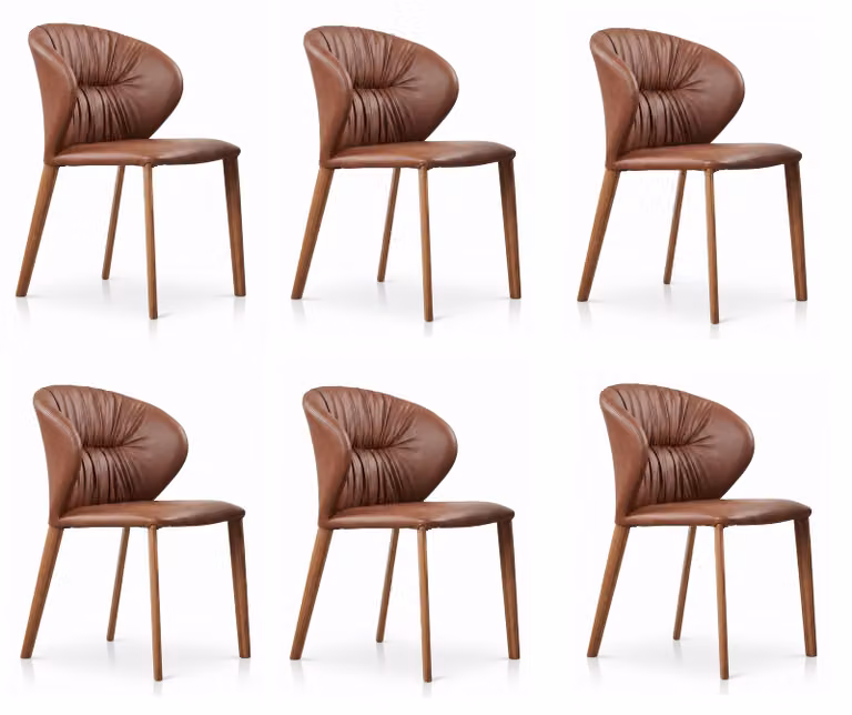 Set di 6 sedie da pranzo in stile italiano, rivestite in ecopelle con decorazioni a drappeggio