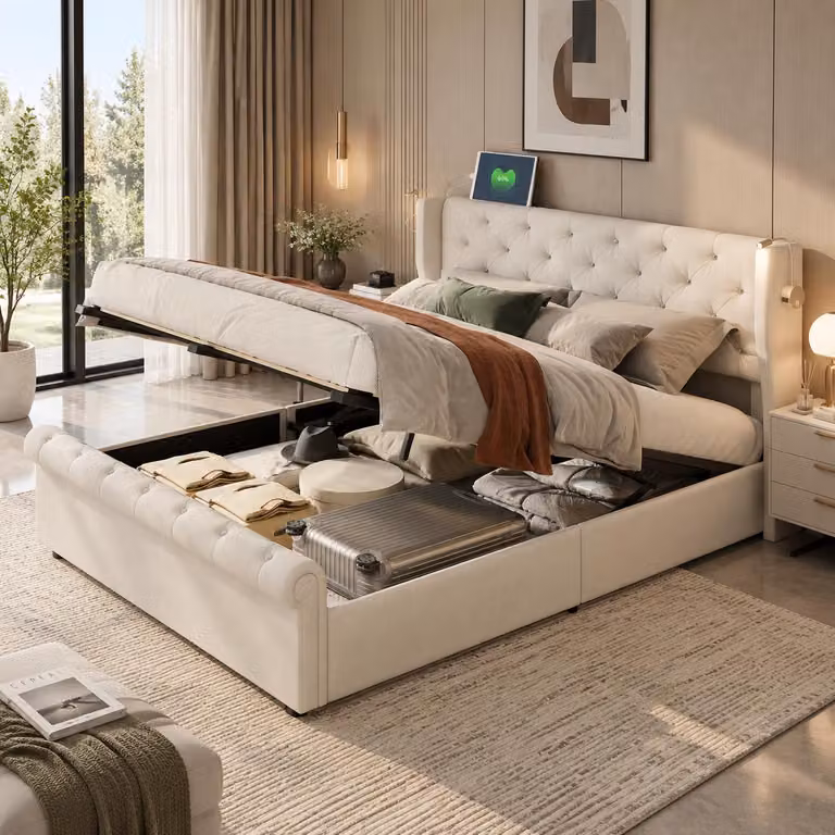 Letto matrimoniale idraulico INONEFT, 160x200 cm, con prese USB, letto a due piazze per ragazzi con lampada da comodino, struttura del letto con rete a doghe, tessuto velluto color beige