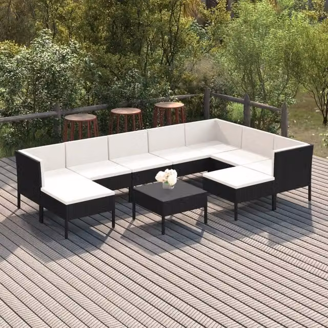 Set da giardino vidaXL composto da 10 pezzi con divani a tre posti, elementi angolari, pouf e tavolino da caffè in rattan nero e struttura in acciaio con cuscini inclusi