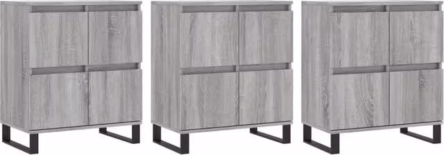 Set di 3 mobili contenitori per cucina e soggiorno in legno ingegnerizzato e metallo, colore grigio, design classico opaco