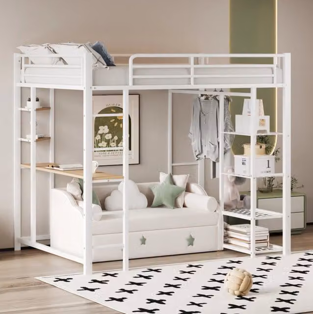 Letto a soppalco 90x200 cm con scrivania e armadio; bianco