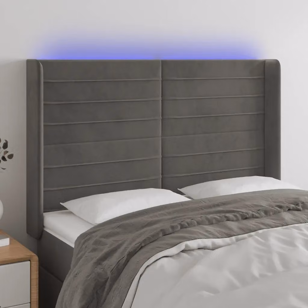 Testiera con illuminazione LED e porta di ricarica USB in velluto grigio scuro L: 147 cm, P: 16 cm, H: 118/128 cm – 2