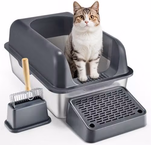 Lettiera per Gatti XL VEVOR in Acciaio Inox Grigio Scuro con Paletta e Pedana Filtrante, L/P/H: 60 x 40 x 30 cm
