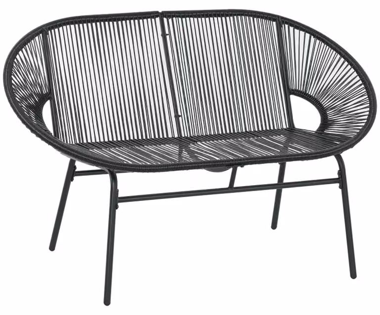 Panca da giardino in rattan sintetico - Panca per 2 persone - Struttura in metallo - Capacità di carico fino a 260 kg - Assemblaggio richiesto - Colore: nero