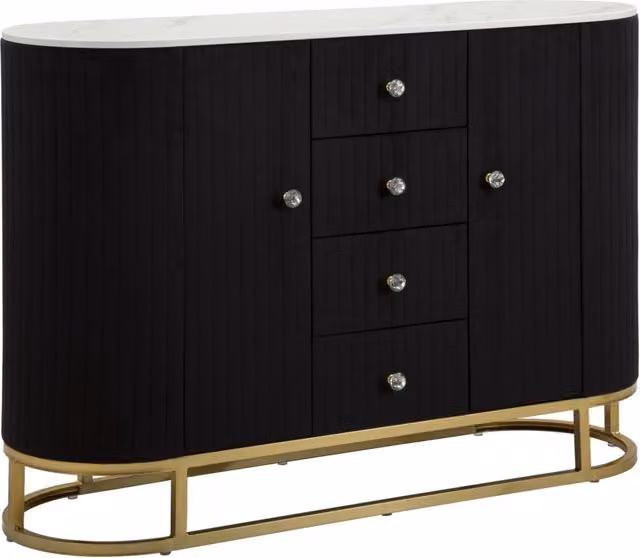 Consolle metallo dorato, tessuto nero e similmarmo, cassetti e ante 120x40x85cm Montpellier