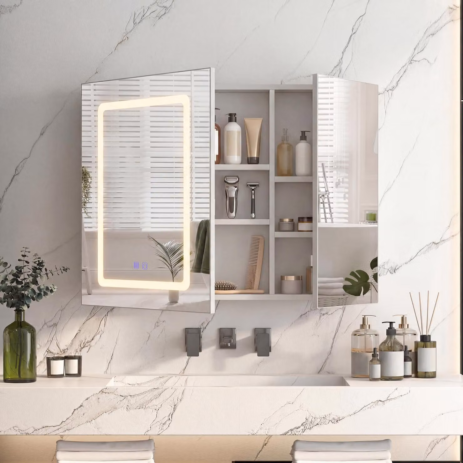 Mobiletto bagno Moonbite da 70 cm con 2 ante, illuminazione LED – Specchio a doppio lato, antiappannamento, ripiani regolabili