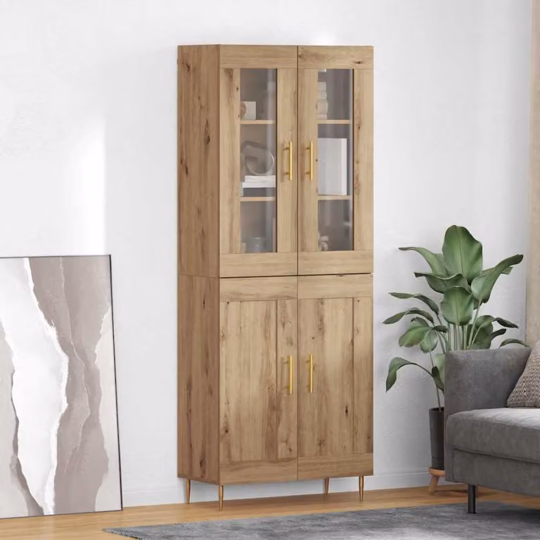 Set di 2 credenze moderne vidaXL in rovere e vetro con ante in vetro, colore marrone, L/P/H: 69,5 x 34 x 180 cm