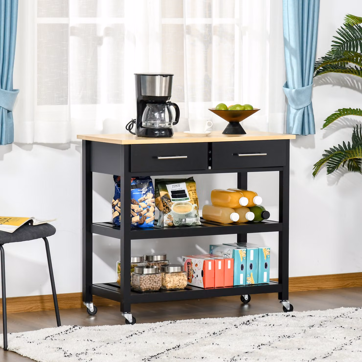Carrello di servizio da cucina HOMCOM moderno con 2 ripiani, 2 cassetti e ruote, nero e legno naturale – 2