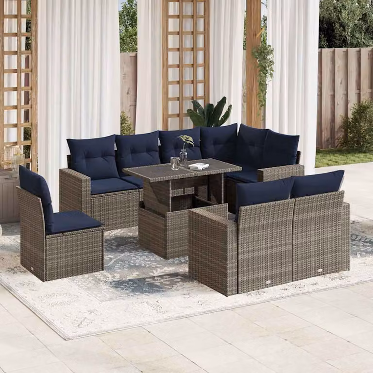 Set di divani da giardino vidaXL in polyrattan grigio con cuscini e tavolino da esterno a forma di L