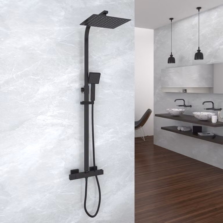 Miscelatore doccia termostatico, quadrato, nero, con soffione a pioggia da 10"