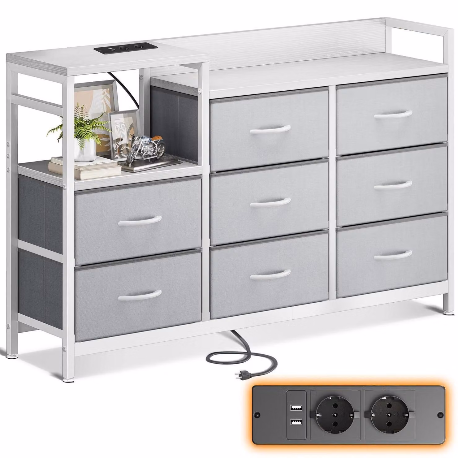 Comodino con 8 cassetti rivestiti in tessuto, 2 porte USB e 2 prese di corrente, dimensioni 132x30x88 cm, colore bianco/grigio chiaro