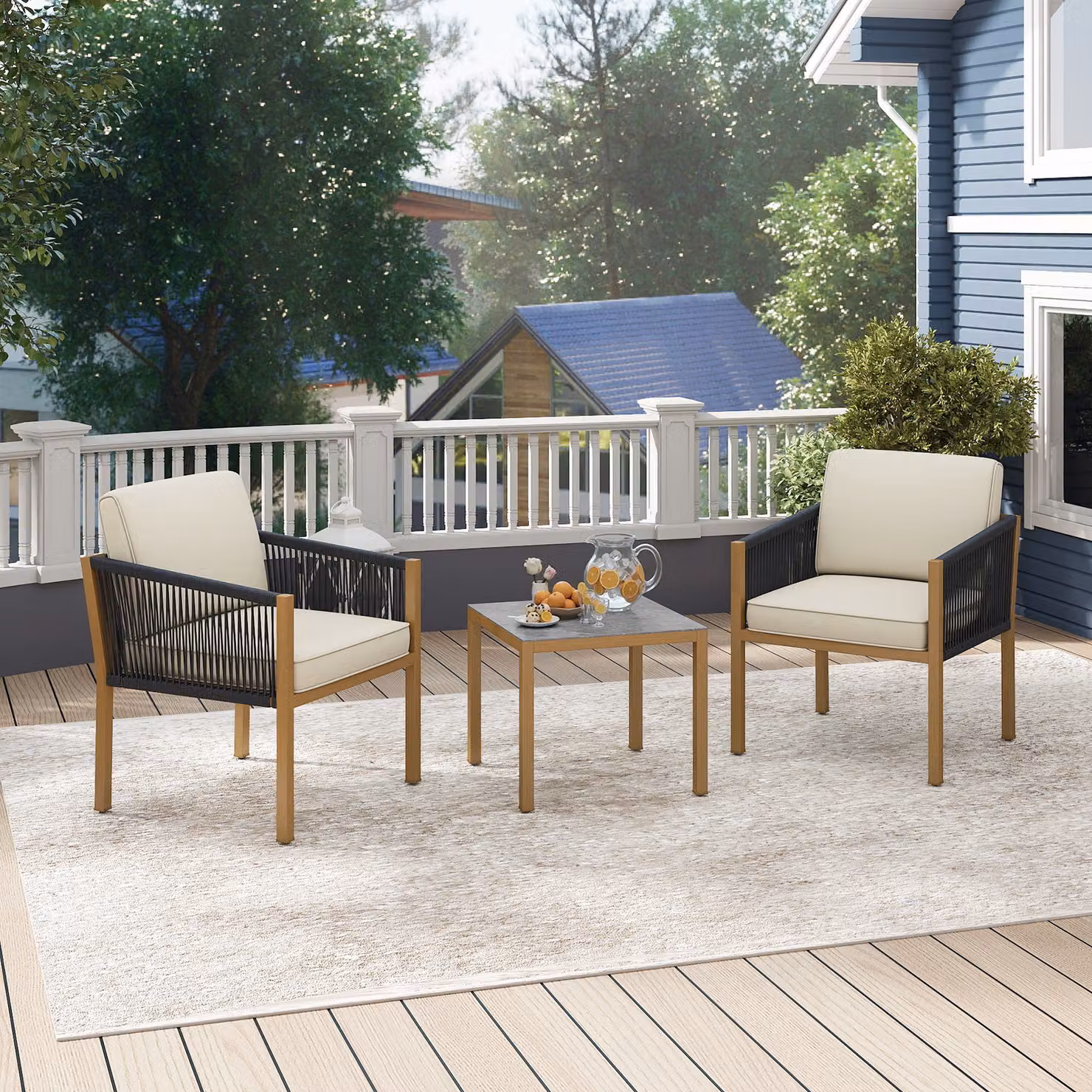 Set bistro da esterno Costway 3 pezzi con corde intrecciate e cuscini, tavolo e sedie per giardino, balcone o terrazza, Beige