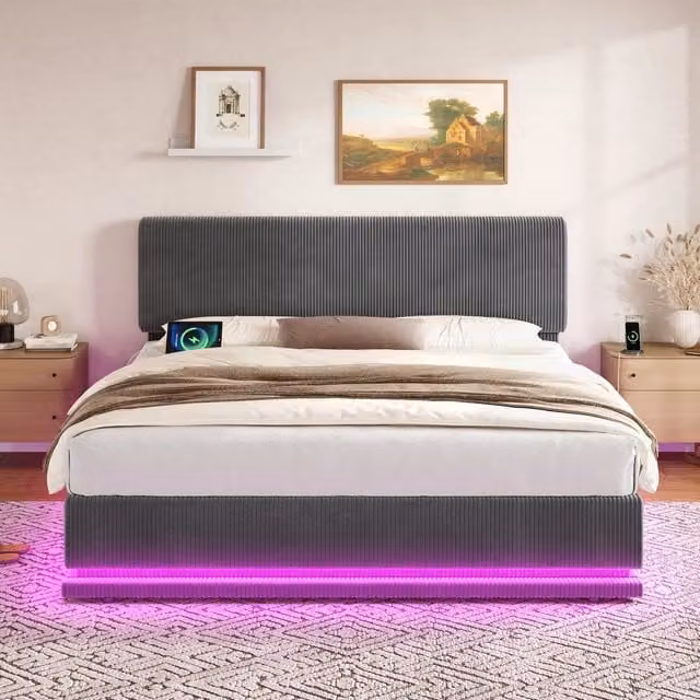 Letto contenitore Mivray con LED e porte USB-C, testiera regolabile in velluto a coste grigio, L/P/H: 180 x 200 x 112 cm