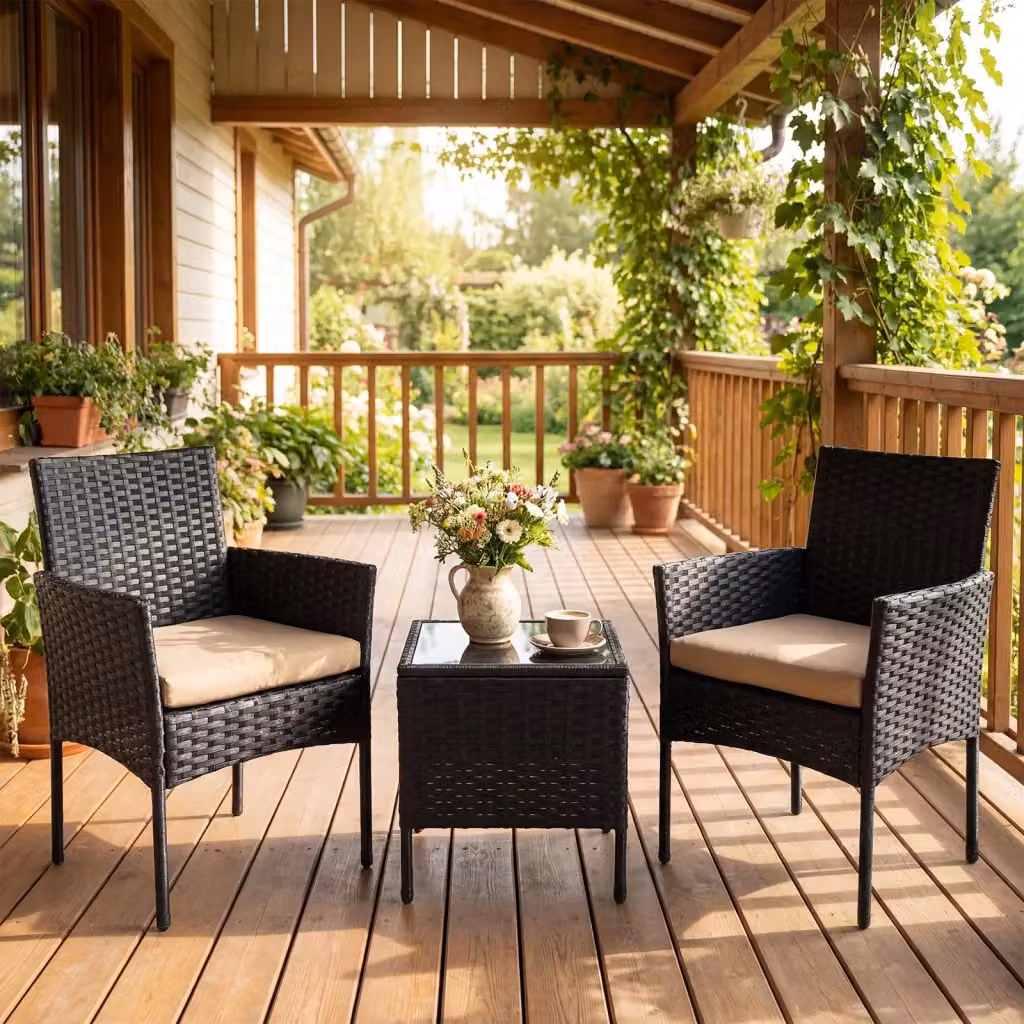 Set mobili da giardino 3 pezzi in rattan con tavolino in vetro e 2 poltrone imbottite con cuscini, design moderno per giardino, balcone o terrazzo, Giallo e Nero – 2