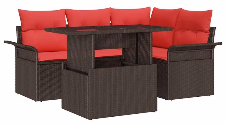 Set Divano da Giardino con cuscino 5 pcs Marrone polyrattan