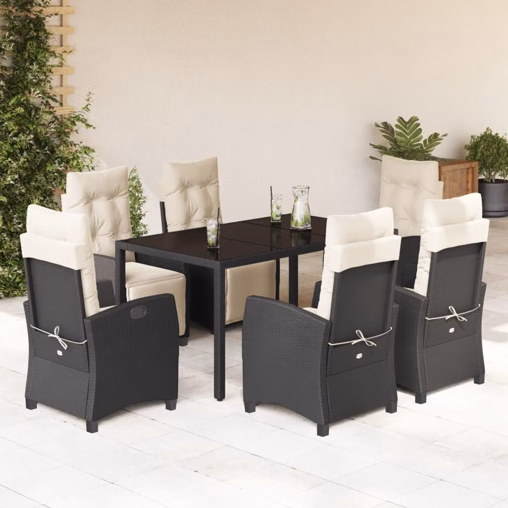 Set da Pranzo da Giardino vidaXL 7 pz in Polyrattan Nero con Piano in Vetro – 1